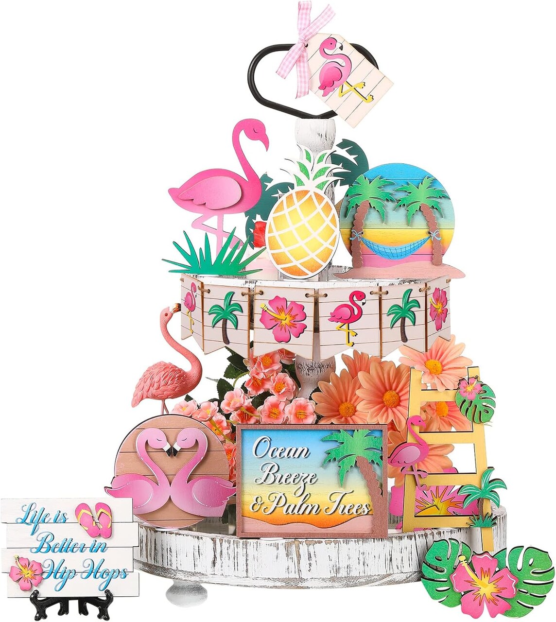 15 Pcs Summer Tiered Tray Decor Flamingo Decorations for Kitchen Pink Flamingo Wooden Sign Rustic Farmhouse Decor for Summer Beach Home Kitchen Table Party
